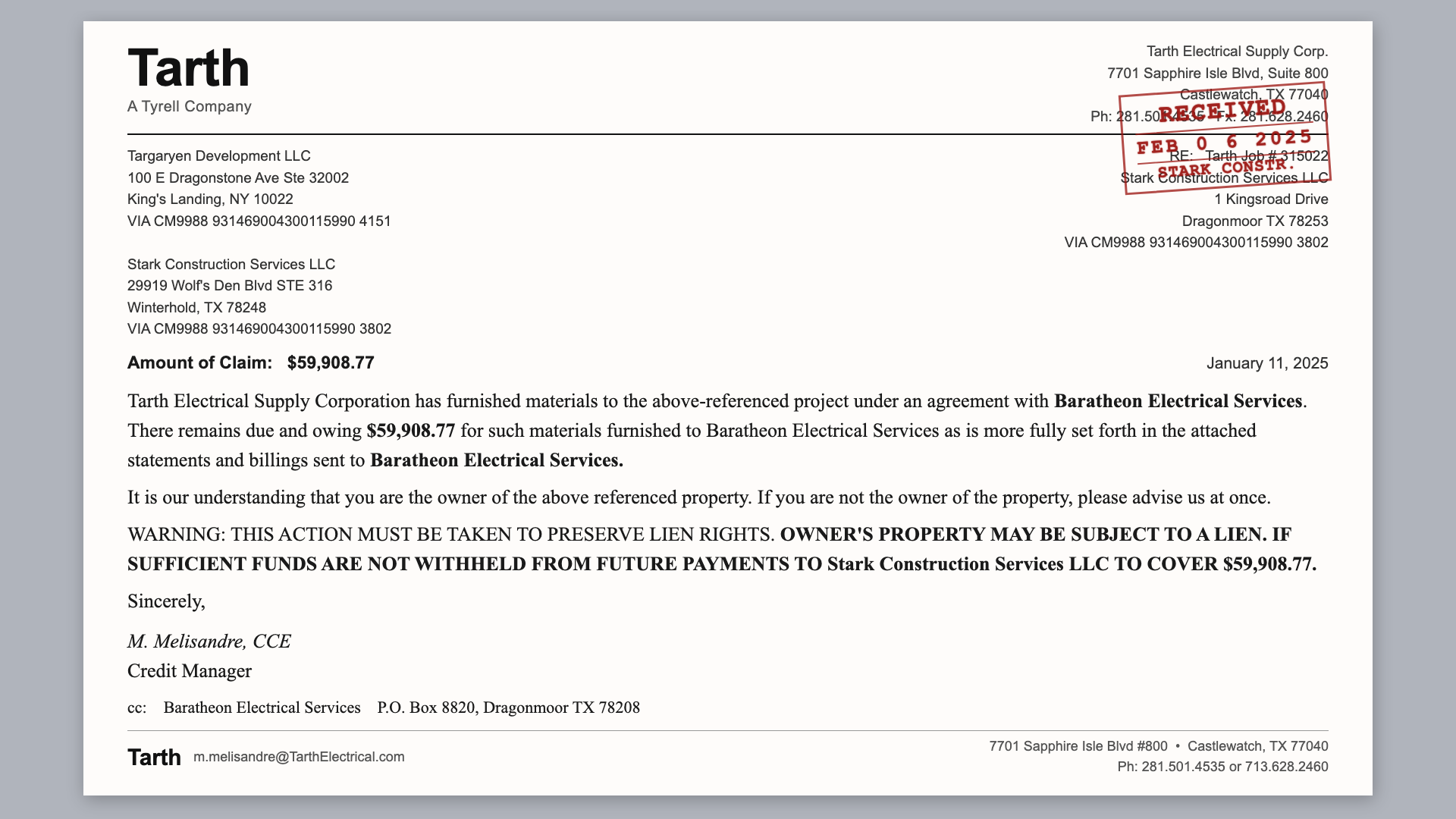 A plain business-letter style lien notice with no tabular fields, just paragraphs of legal text on company letterhead.