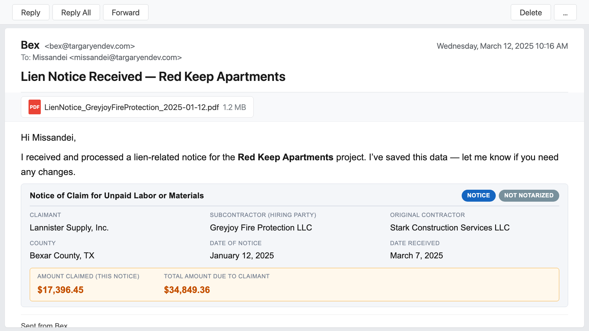 Bex's email to a financial coordinator summarizing an extracted lien notice, including the matched project, claimant, amounts, dates, and a link to the original PDF.