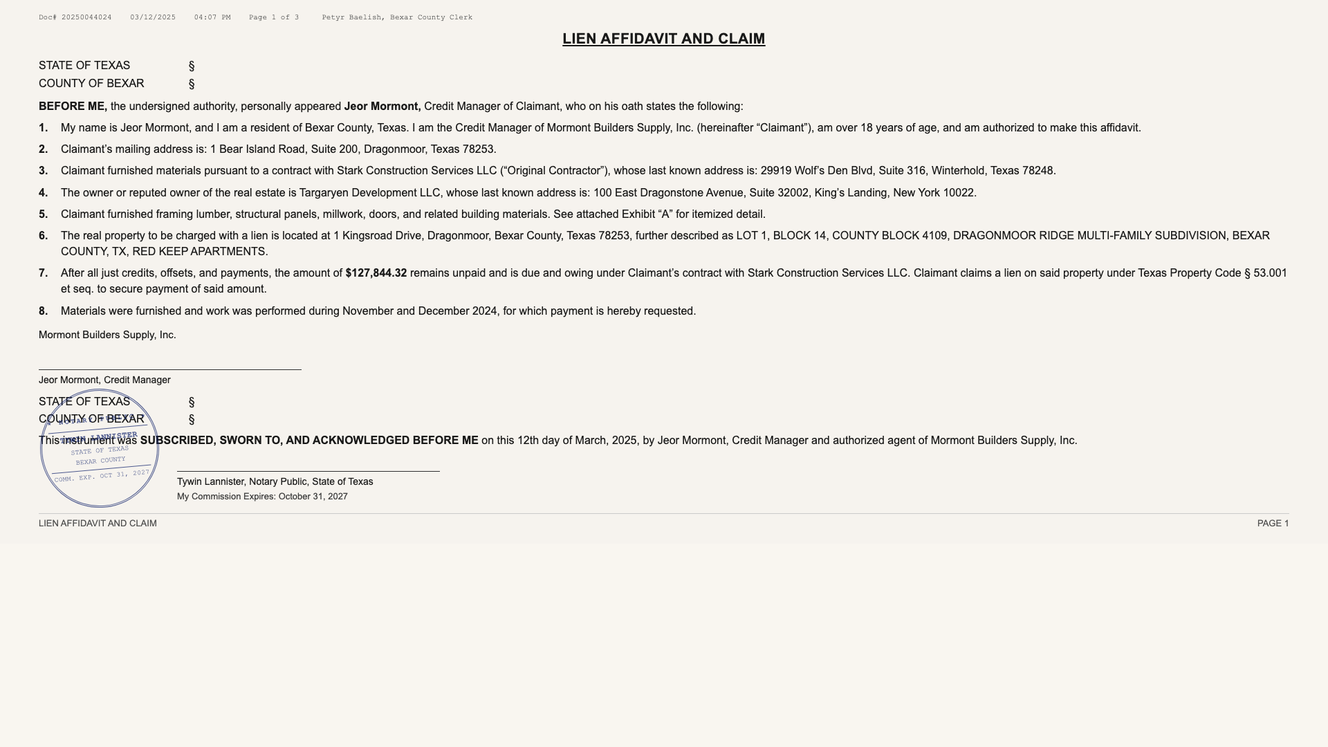 A recorded lien affidavit document with a county clerk's recording stamp.