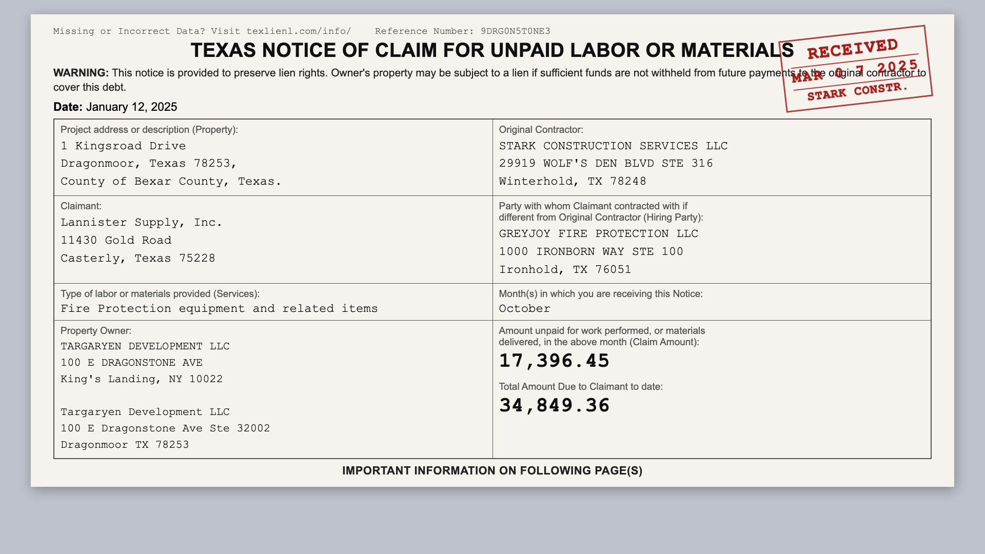 A Texas Notice of Claim showing structured fields like claimant, subcontractor, county, dates, and amounts owed.