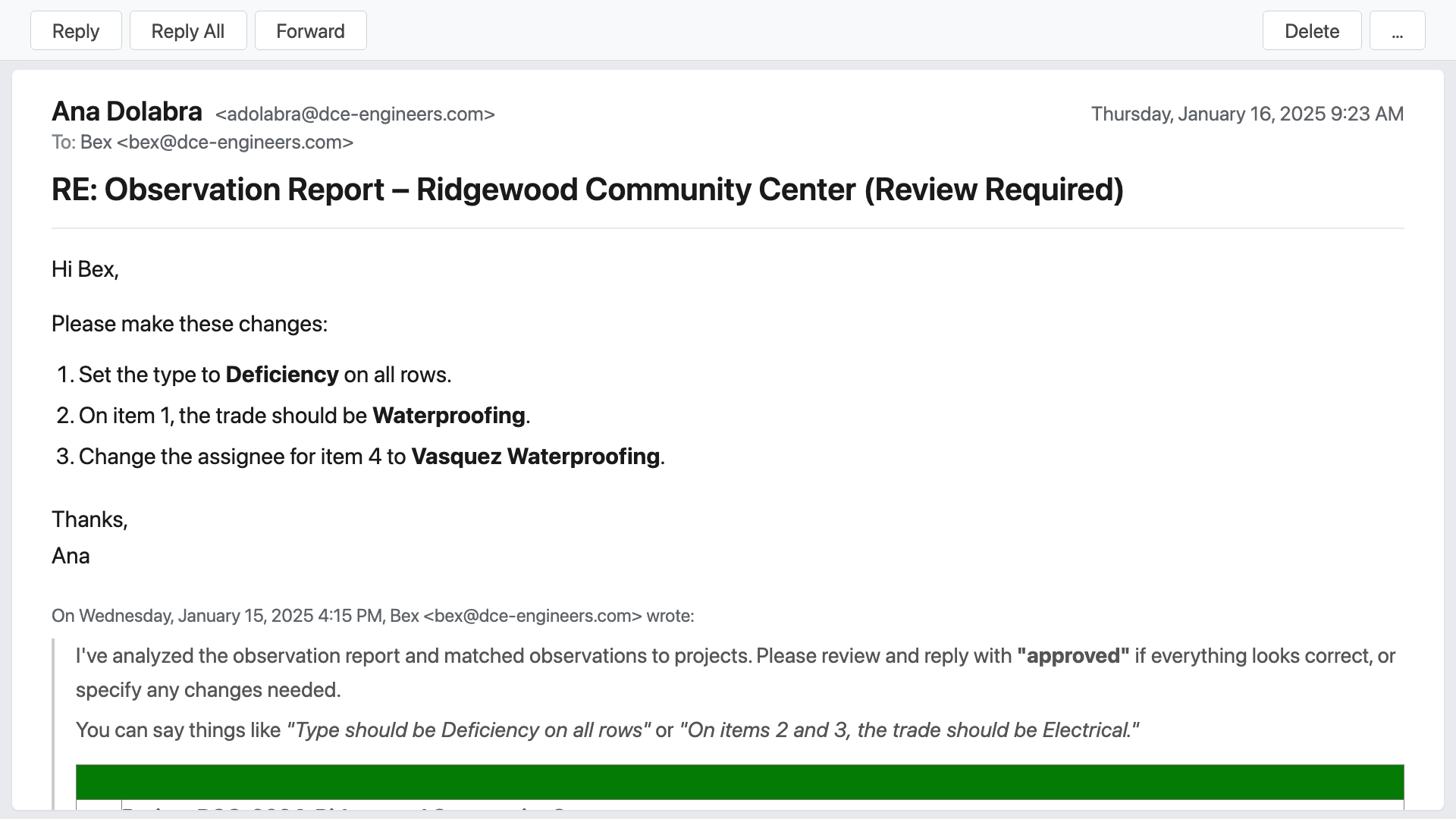 An email reply to Bex listing three plain-English corrections to a previous approval request.