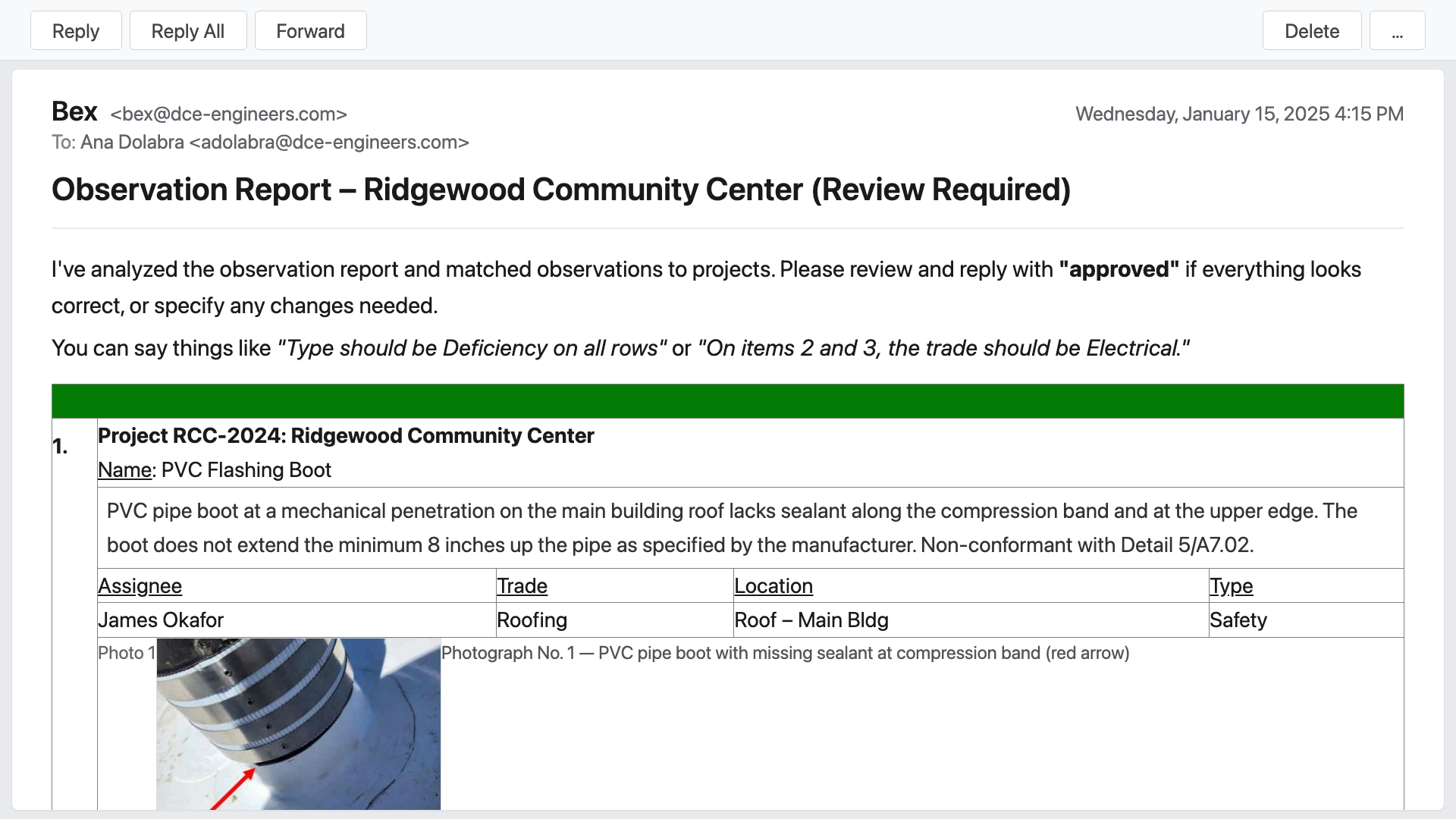 Bex's approval-request email showing four extracted observations in a table, each with project, name, description, assignee, trade, location, and type fields filled in, plus a thumbnail photo.