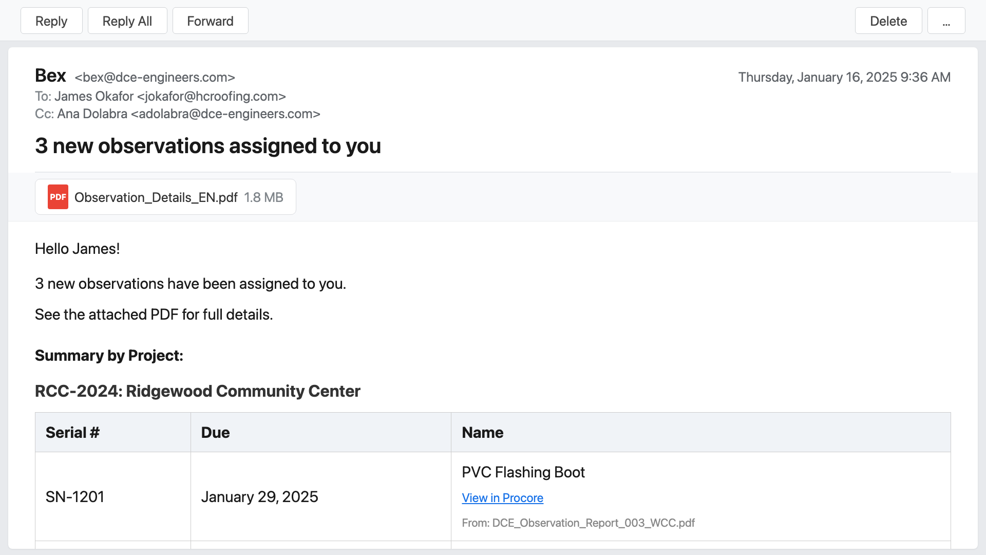 An assignee notification email from Bex listing three observations assigned to a roofer, with serial numbers, due dates, and instructions for replying with progress updates.