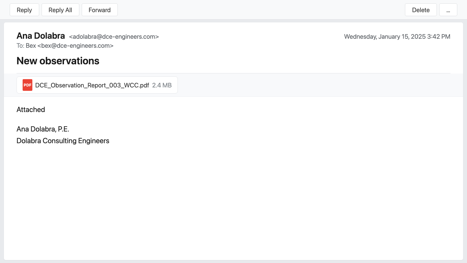 A project engineer's email to Bex that simply says 'Attached' with a 2.4 MB observation report PDF attached.
