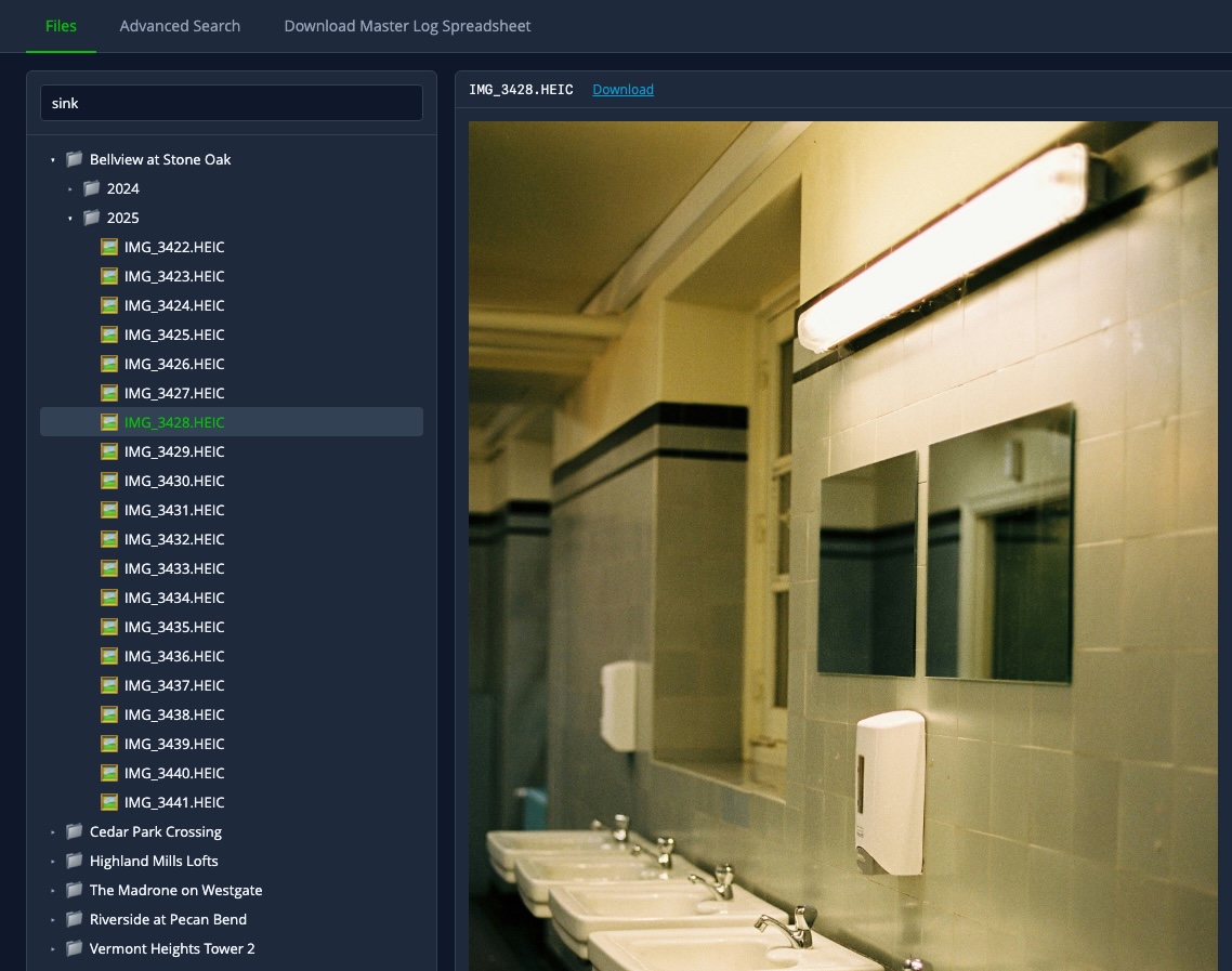 Bex Walks file organizer: a searchable tree of projects and dated photos on the left, with a sample lavatory photo previewed on the right.