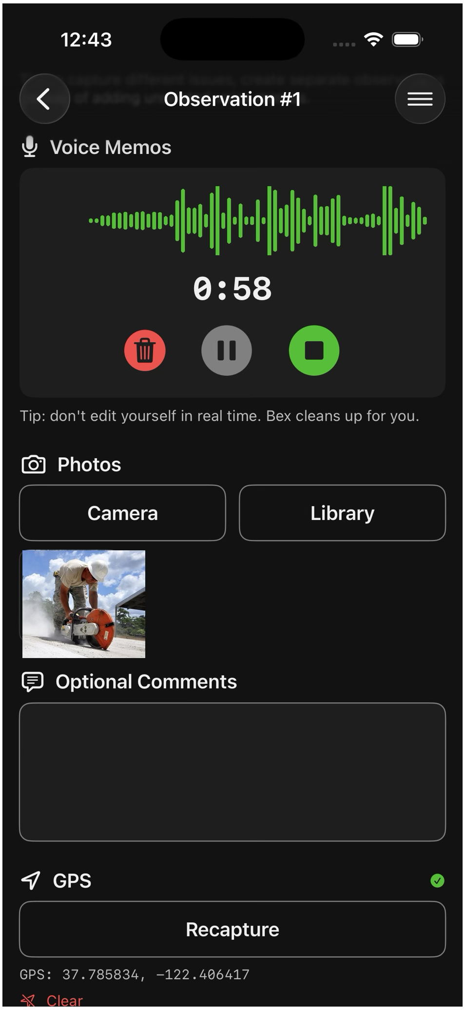 Bex Walks app screenshot showing voice dictation, photos, optional typed comments, and automatic GPS location