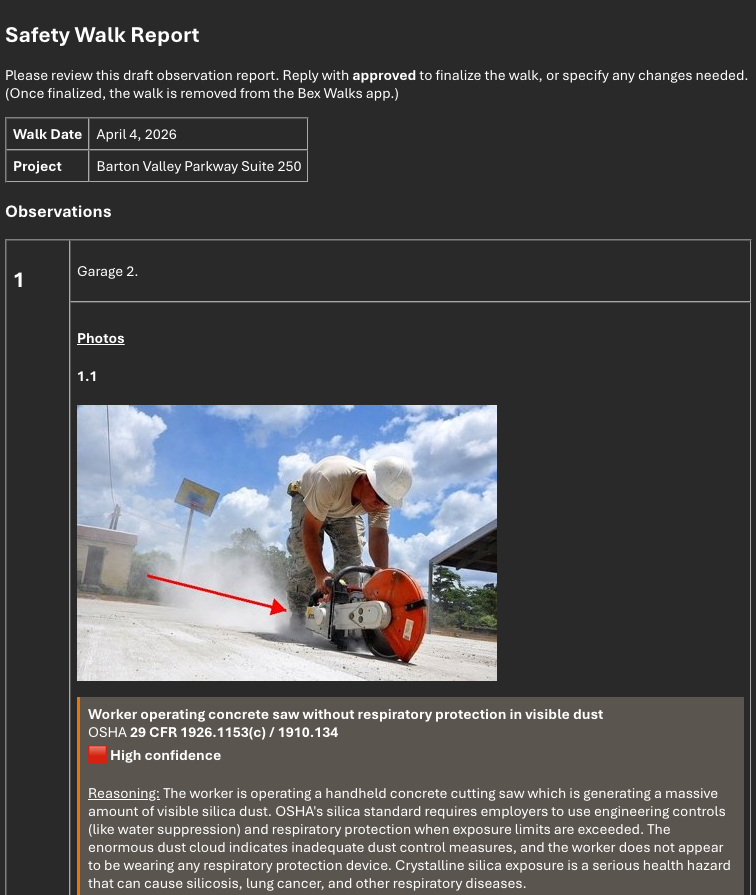 Bex Walks safety-mode report showing a CMS-sourced location, an annotated site photo, and OSHA classifications with reasoning.